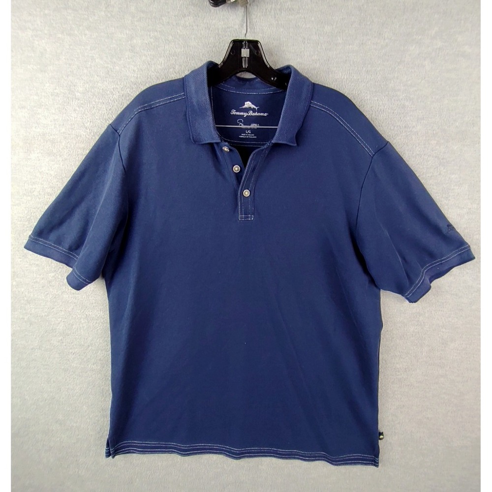 Tommy Bahama Mens Shirt L Blue Polo Supima Cotton Embroidered Marlin Golf Resort